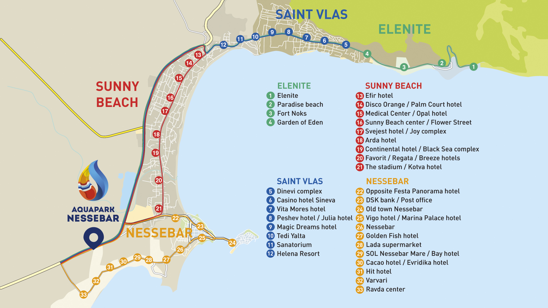 Карта на автобусните спирки на безплатния транспорт на Аквапарк Несебър